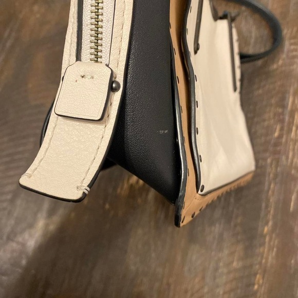 Coach Studded Satchel Bag Black White Tan Leather Hardware Logo Detail - Picture 6 of 9